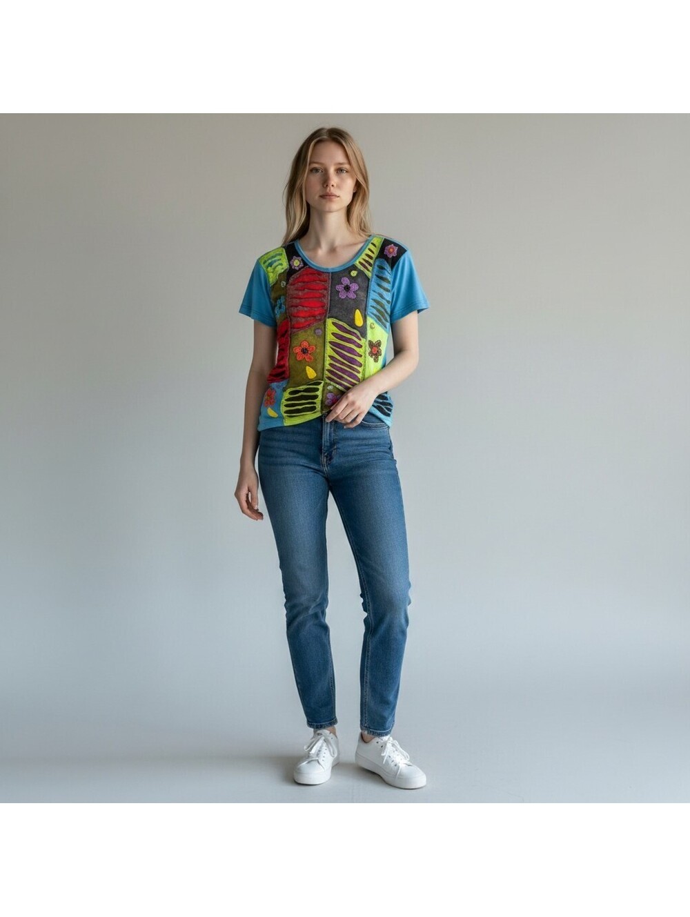 Rising International T-Shirt Women M Medium Blue Floral Short Sleeve Cotton